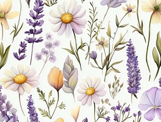 A seamless watercolor floral pattern featuring soft pastel daisies, lavender, and wildflowers on a white background, creating a delicate botanical design.