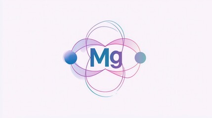 Fototapeta premium Logo, minimalist style shape with text Mg, an outline of an atom in the center and two circles around it. Solid background color, light purple and blue colors, simple design, vector graphic