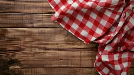 Obraz premium Red and white checkered fabric on wooden surface for food design and menu layout.
