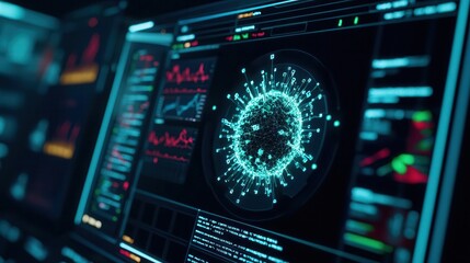 Obraz premium Holographic interface showing malware analysis and dynamic threat updates, advanced intelligence system