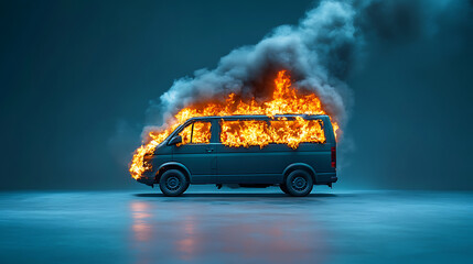 burning van with flames and smoke, isolated on blue background, created with Generative AI technology