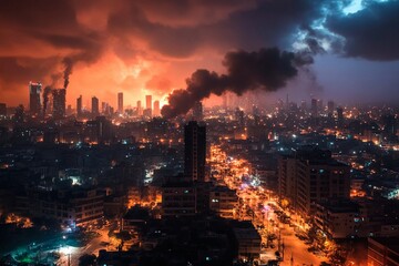 Obraz premium Urban skyline engulfed by dramatic clouds and smoke during twilight hours of chaos