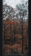 A serene view of autumn trees through a rain-speckled window, capturing the essence of a tranquil, rainy day.