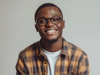 Obraz premium confident young african man in casual urban streetwear posing against minimalist studio backdrop, natural lighting highlighting genuine smile and modern style