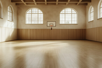 Empty gymnasium with wooden floor and hoops.