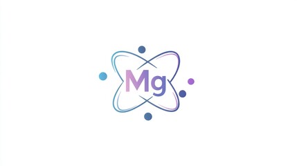 Logo, minimalist style shape with text Mg, an outline of an atom in the center and two circles around it. Solid background color, light purple and blue colors, simple design, vector graphic