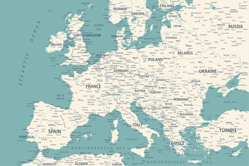 Europe Map Retro Vintage Ancient - stock vector blue green faded colored illustration with layers
