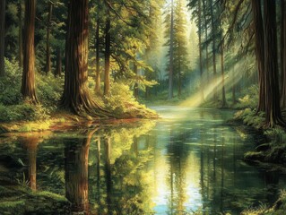 Obraz premium crystal-clear mountain lake reflecting ancient redwood trees, morning mist curling through branches, shafts of sunlight creating ethereal atmosphere