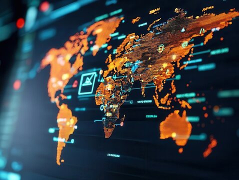 Holographic interface visualizing AIdriven malware analysis and global cyber threats