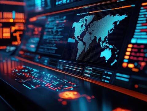 Futuristic control room with holographic world maps and glowing cyber attack indicators, abstract tech visuals