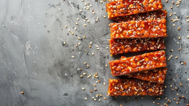 Raw tempeh slices marinated in seasoned brine before frying on a gray backdrop