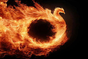 glowing phoenix rises from radiant funnel of flames, symbolizing rebirth and transformation against dark background. fiery bird wings and tail create dynamic, swirling motion
