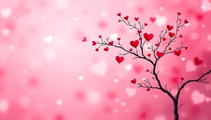 Fototapeta premium A romantic Valentine's Day background featuring a delicate tree branch adorned with vibrant red hearts, symbolizing love and affection.