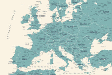 Europe Map Retro Vintage Ancient - stock vector blue green faded colored illustration with layers