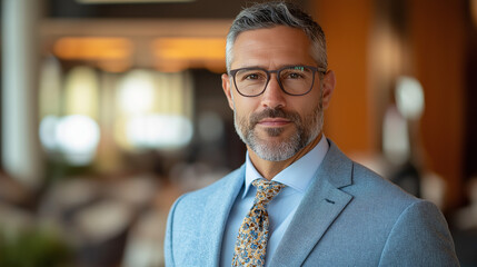 Obraz premium A stylish male professional with a short beard and glasses, wearing a light blue suit jacket and a patterned tie, standing against a softly blurred conference room interior, captured from the waist up