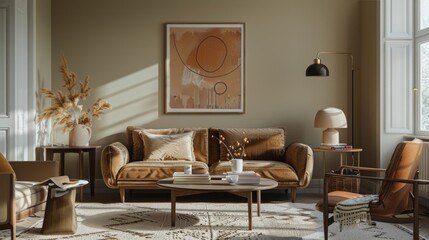 Stylish and elegant home decor with brown sofa, boucle armchair, wooden coffee tables, tea pot, poster frame, and personal accessories. Warm interior template.