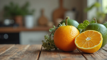 Fresh Citrus Fruits on a Rustic Wooden Table in a Cozy Kitchen