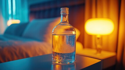 Clear Water Bottle on Nightstand in Cozy Bedroom Setting