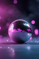 Obraz premium A glittering disco ball suspended above a dance floor fills the room with radiant light. Colorful reflections dance on the walls, creating a lively atmosphere perfect for celebration and fun