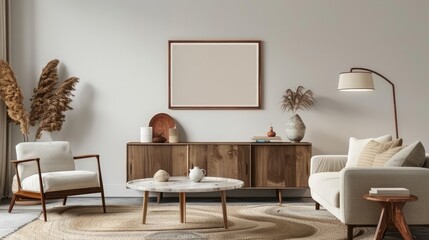 Stylish living room decor with mockup frame, boucle sofa, wooden sideboard, coffee table, marble lamp, and personal accessories.