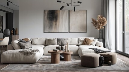 Stylish Living Room with Beige Sofa and Decor Items.