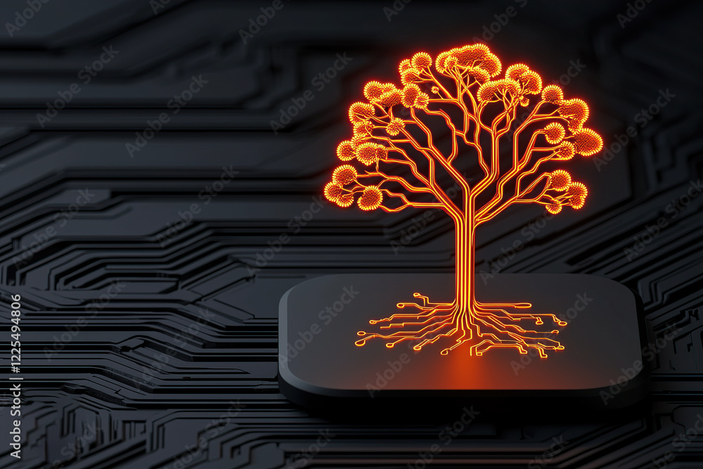 Poster glowing tree made of radiant lines emerges from digital platform, symbolizing fusion of nature and t