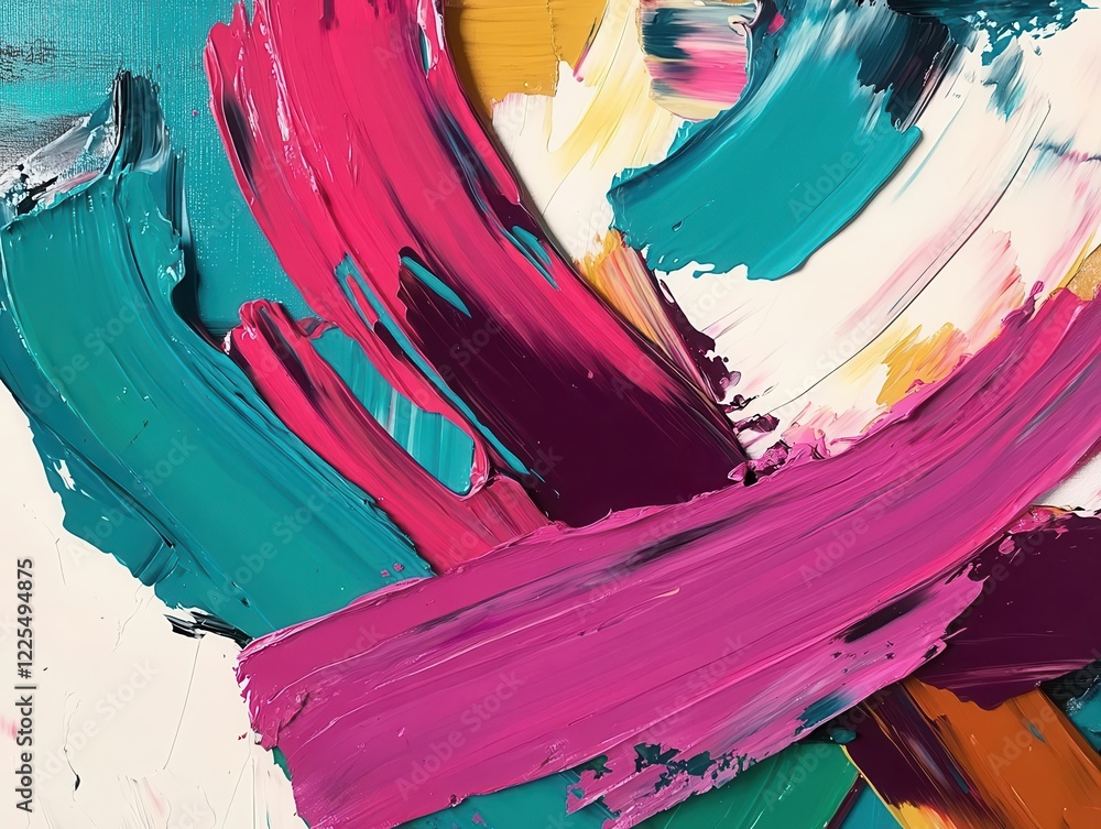 Poster dynamic abstract expressionist painting with bold sweeping gestures in vibrant teals and magentas, h