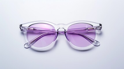Stylish sunglasses with clear grey frame and purple lenses on white background with room for text