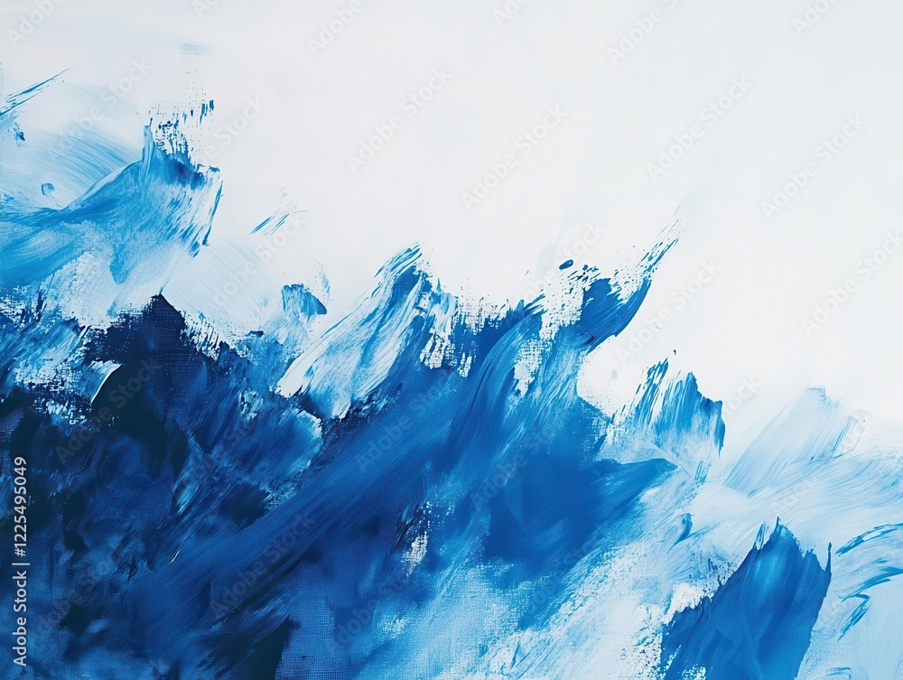 Poster dynamic brushstroke in varying shades of blue, showing texture and movement against stark white back