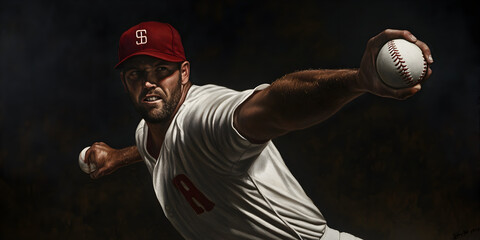 A pitcher leaning forward, the ball leaving his hand as his expression reflects intense focus.


