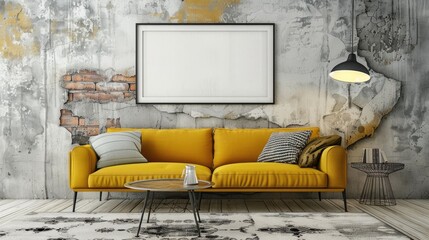Stylish Vintage Dining Room with Mock Poster Frame and Yellow Sofa