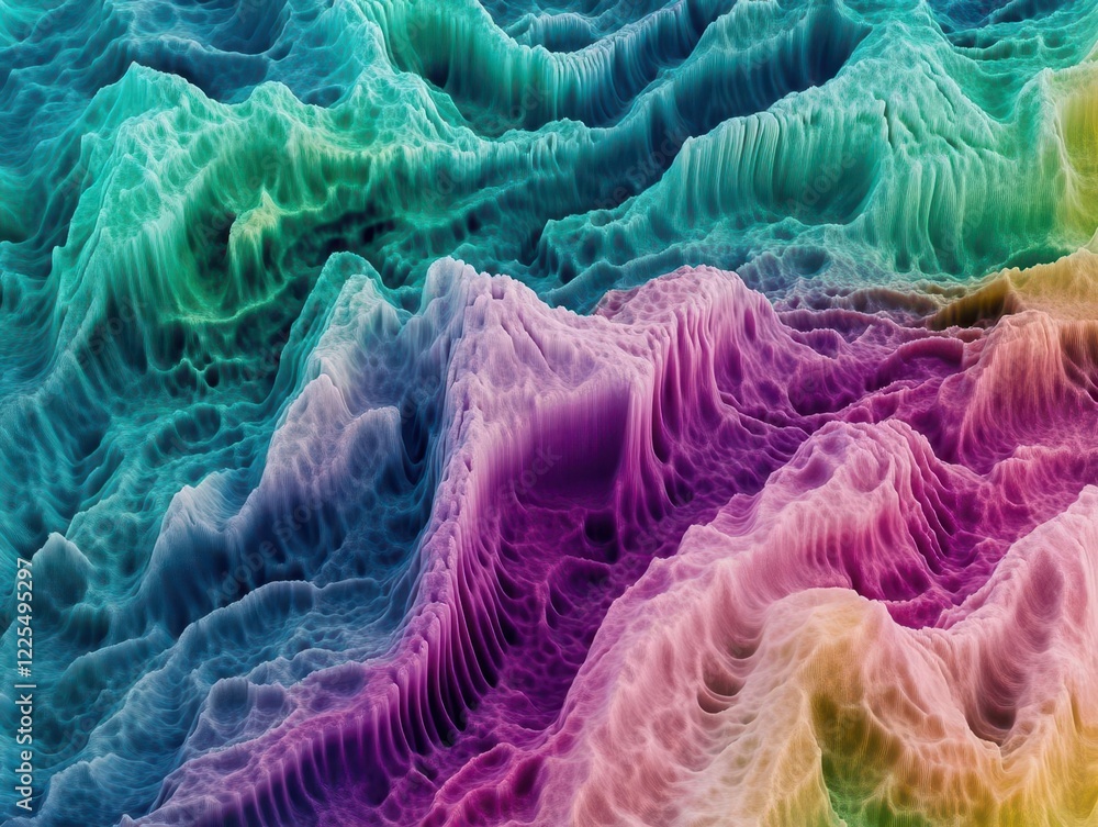 Poster dynamic digital landscape with flowing gradients of emerald and violet, abstract geometric patterns 