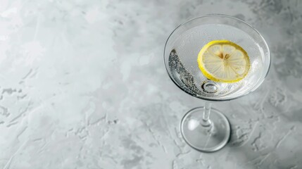 Tasty martini cocktail with lemon on light background viewed from the top, with space for text