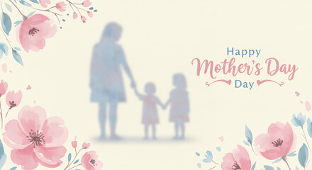 Watercolor Mother's Day Card with Family Silhouette and Floral Frame