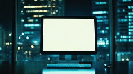 Nighttime Office Computer Screen Cityscape View