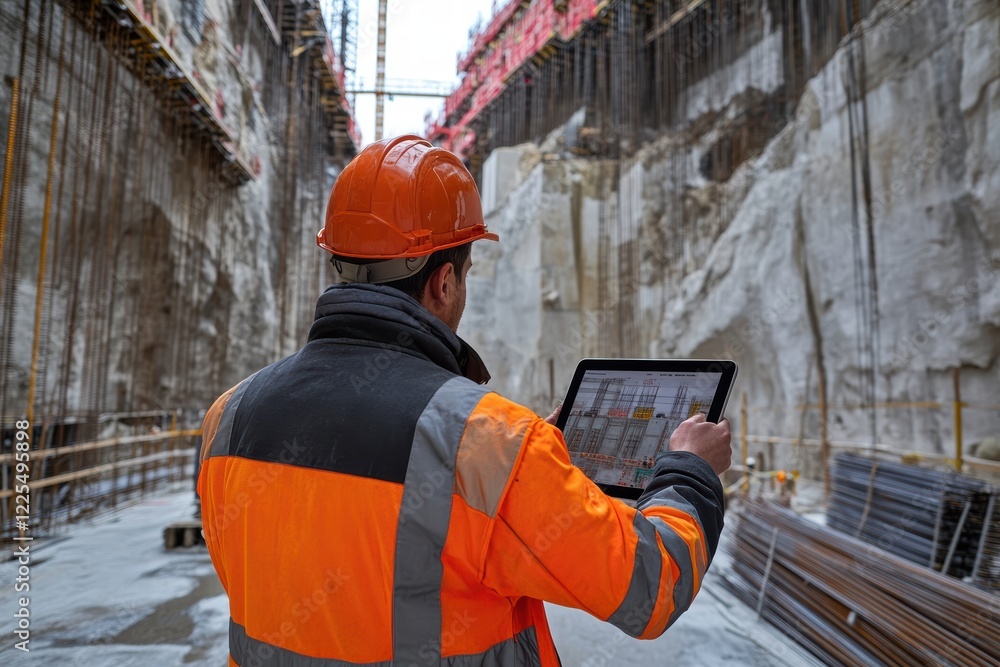 Poster engineer using tablet to monitor construction progress at a building site