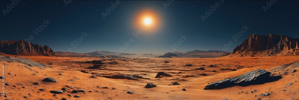 Poster exploring the martian landscape using virtual technology at sunset with distant mountains and rocks