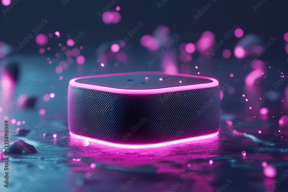 Poster a speaker emits vibrant neon light, surrounded by floating glowing particles in a dimly lit space, c