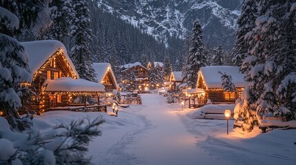Winter wonderland village, cozy cabins covered in snow, holiday lights, festive mood  