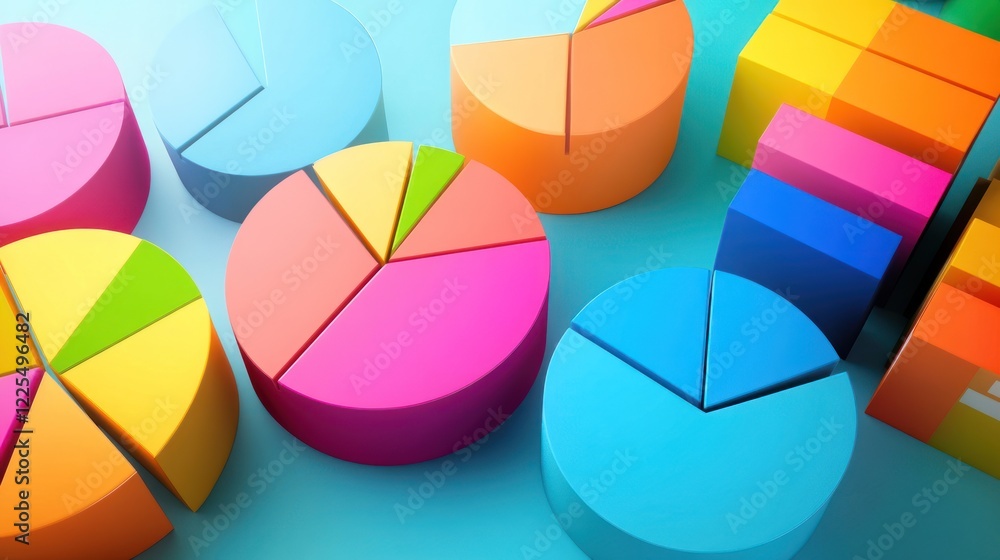 Poster colorful three dimensional pie charts and blocks illustrate data