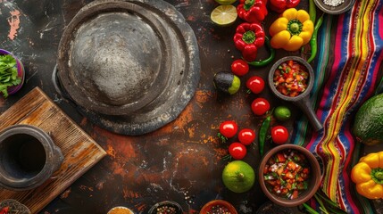 Top view of Mexican food preparation with empty cutting board, traditional fabric, and molcajete on wooden table.