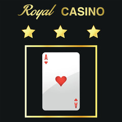 Golden casino logo with three stars and ace. Vector on a black background