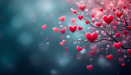 A romantic Valentine's Day background featuring a delicate tree branch adorned with vibrant red hearts, symbolizing love and affection.