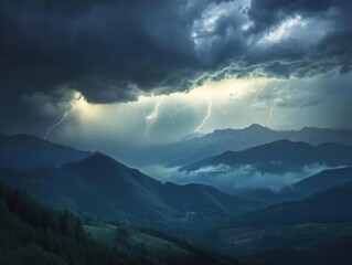 epic storm system over vast mountain range, lightning strikes illuminating turbulent clouds, dramatic atmospheric perspective with layered peaks