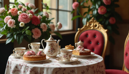 Naklejka premium Charming tea set with pastries on a beautifully arranged table decorated with flowers in an elegant room