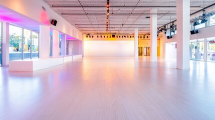 Empty modern event space, bright interior, large windows, city view, ideal for rentals
