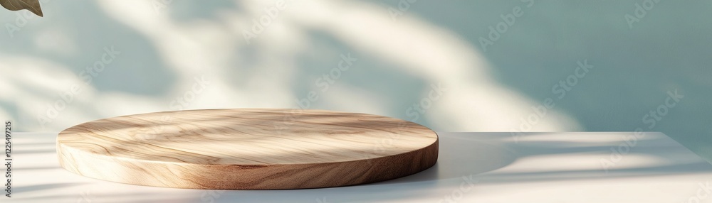 Poster a round wooden tabletop rests on a matte surface, illuminated by soft natural light creating gentle 