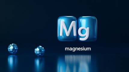 3D render of the light blue periodic element Mg with text below it, written in white letters as magnesium, on a dark blue background, simple design, high-resolution photography.