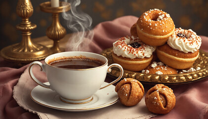 Freshly brewed coffee with delicious pastries and donuts served on a golden tray for a cozy treat