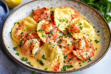 Lobster ravioli in a creamy sauce with lemon and spicy, served in a rural style plate.